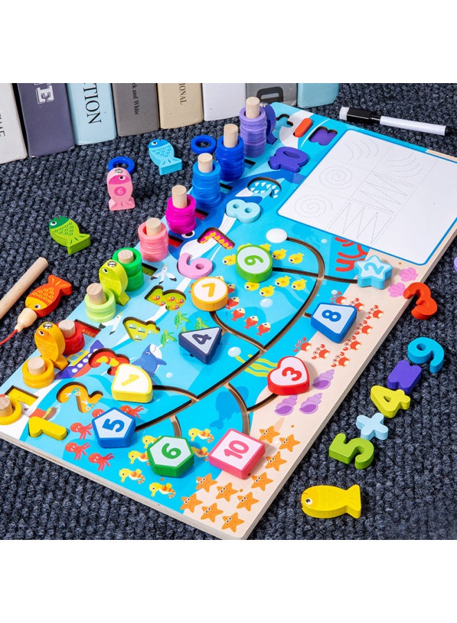 Children's Wooden Early Education Puzzle Development Multi-functional Traffic Logarithmic Board Digital Cognitive Puzzle Building Block Toy-Color:qzy-four Moving Logarithmic Board-Ocean 0.8 - Image 1
